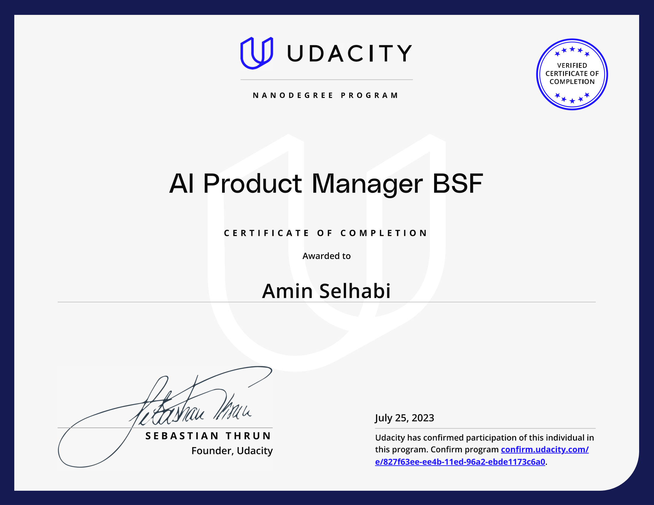 AI Product Manager Nanodegree Certificate